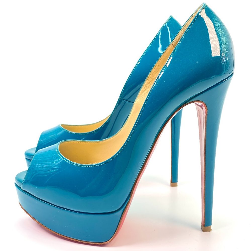 Christian Louboutin Turquoise Patent Peep-Toe Platform Pumps